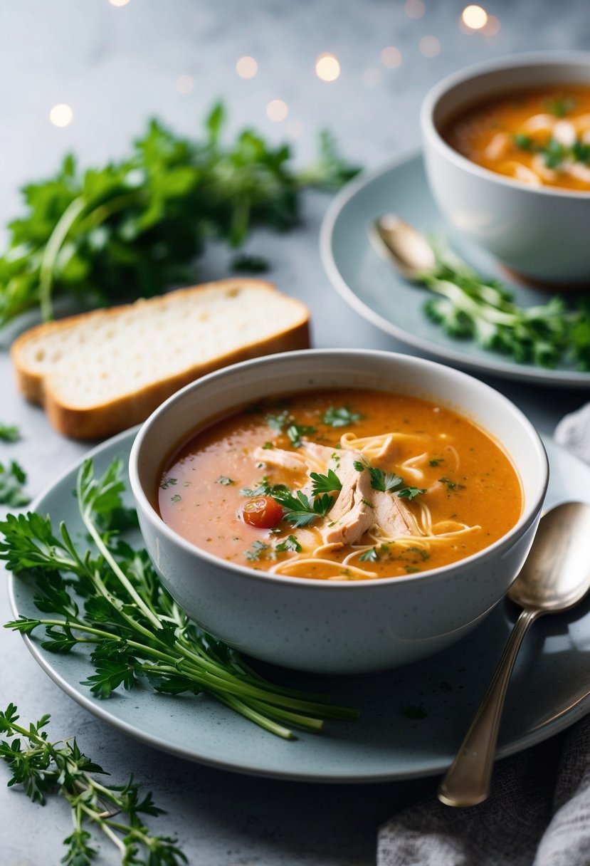 A steaming bowl of creamy chicken tomato soup surrounded by fresh herbs and a slice of low-carb bread